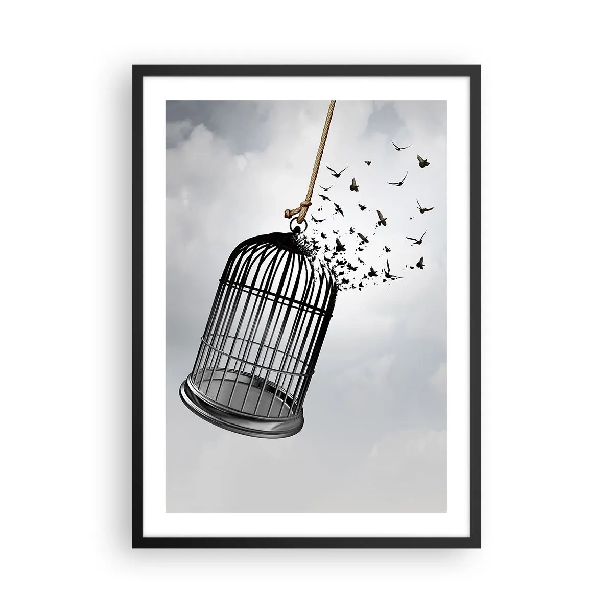 Póster en marco negro - Pájaros volando desde una jaula abierta contra un fondo de nubes. - 50x70cm - Fe... Esperanza... ¡Libertad! - Decoración de pared moderna para salón y dormitorio ARTTOR