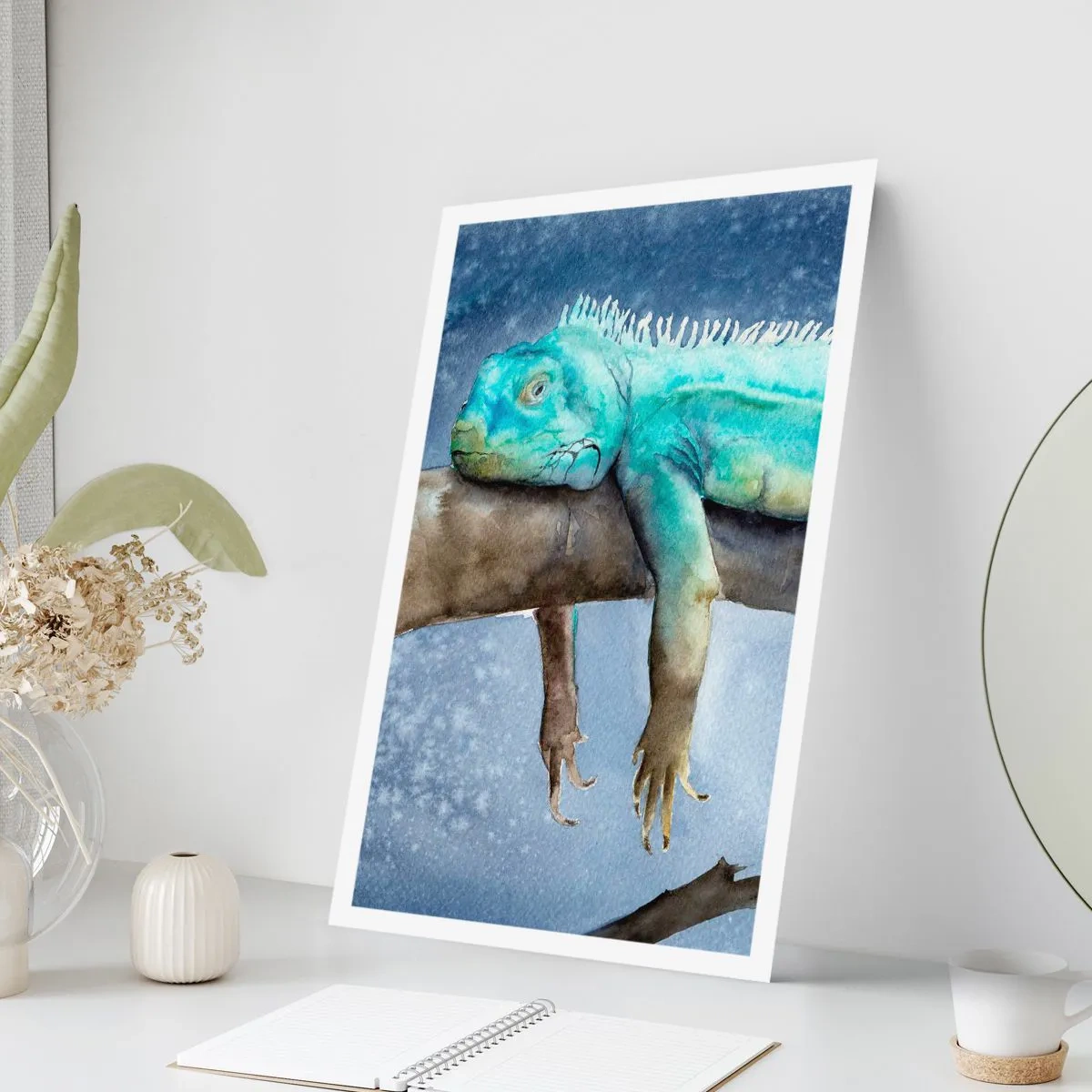 Póster - Una pintura de acuarela de una iguana descansando en una rama. - 50x70cm - Me siento bien, ¿y tú? - Decoración de pared moderna para salón y dormitorio ARTTOR