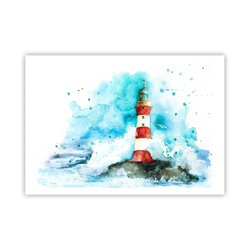 Póster - Un faro en un entorno de acuarela con un fondo azul. - 100x70cm - La unidad de los elementos - Decoración de pared moderna para salón y dormitorio ARTTOR