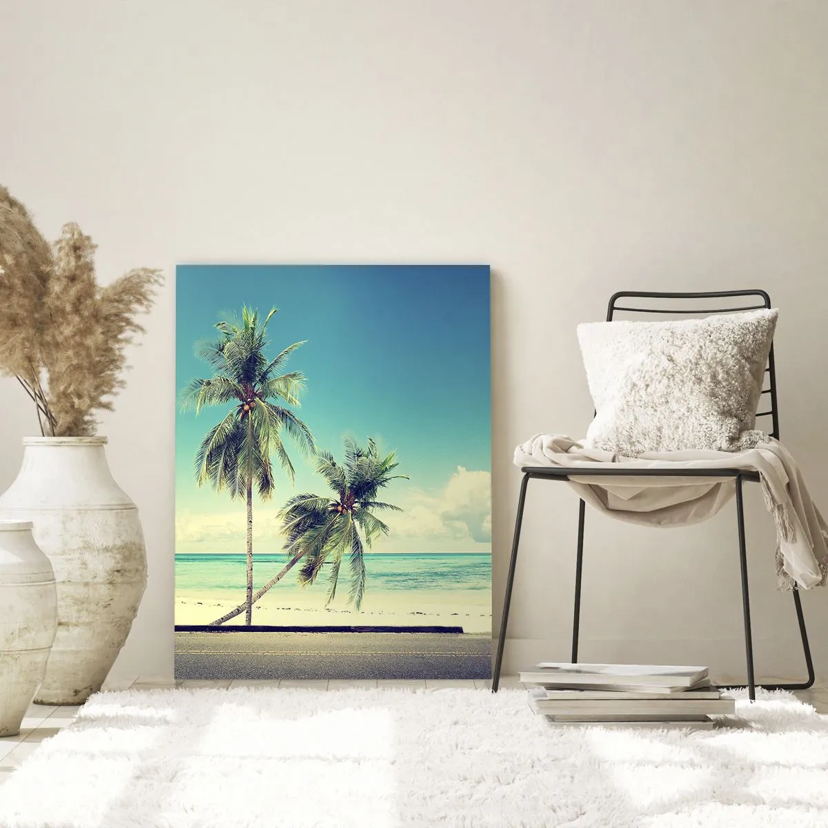 Cuadro sobre vidrio - Impresiones sobre Vidrio - Una playa con palmeras y una furgoneta retro rosa junto al mar. - 50x70cm - Comienzan las vacaciones - Decoración de pared moderna para salón y dormitorio ARTTOR