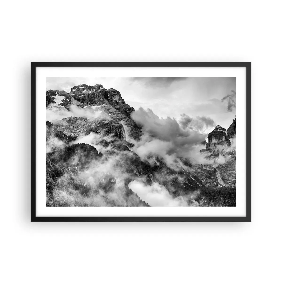 Póster en marco negro - Vista en blanco y negro de montañas rodeadas de nubes. - 70x50cm - Hermoso y cruel - Decoración de pared moderna para salón y dormitorio ARTTOR