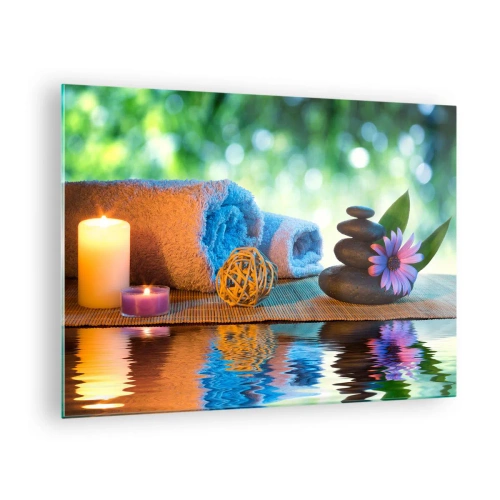 Cuadro sobre vidrio - Impresiones sobre Vidrio - Spa con toallas, velas y piedras con un fondo natural. - 70x50cm - Tiempo para el cuerpo - Decoración de pared moderna para salón y dormitorio ARTTOR