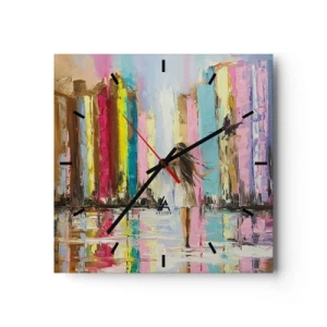 Reloj de pared - Reloj de vidrio - Una ciudad colorida y una mujer con un vestido blanco con un pájaro. - 30x30cm - Sígueme - Decoración de pared moderna para salón y dormitorio ARTTOR
