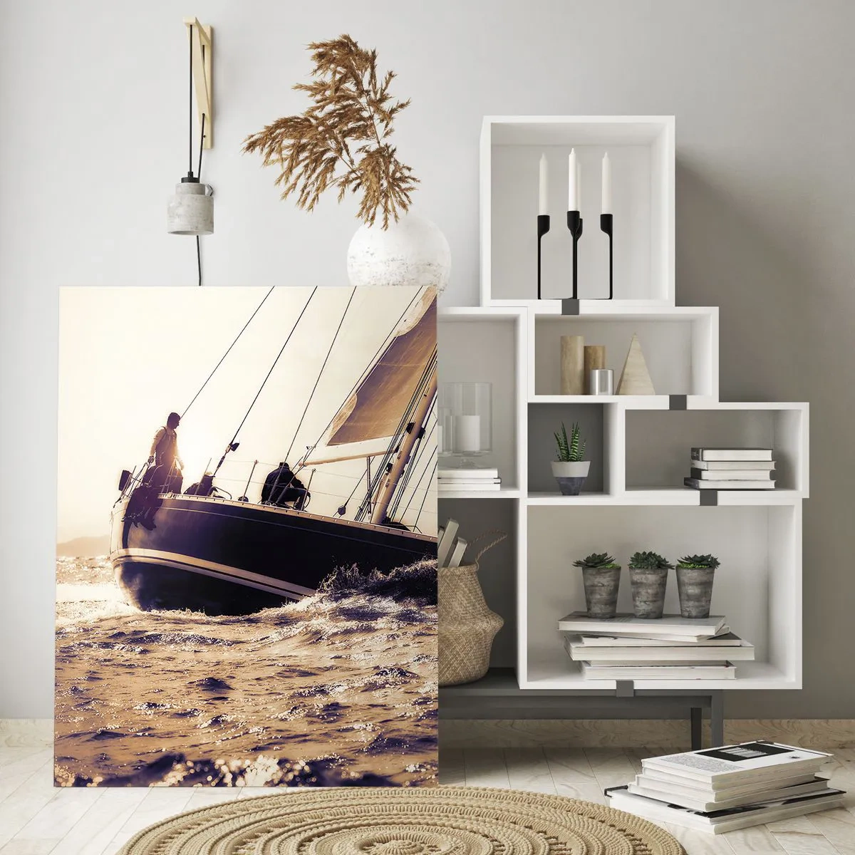 Cuadro sobre vidrio - Impresiones sobre Vidrio - Un yate en un mar tempestuoso a la luz del sol poniente. - 70x100cm - Navega, marinero - Decoración de pared moderna para salón y dormitorio ARTTOR