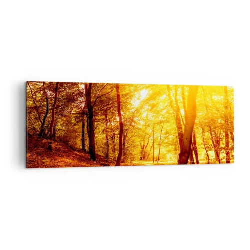 Cuadro sobre lienzo - Impresión de Imagen - Claro de otoño bajo la luz dorada del sol con un sendero forestal - 140x50cm - Hacia un claro de oro - Decoración de pared moderna para salón y dormitorio ARTTOR