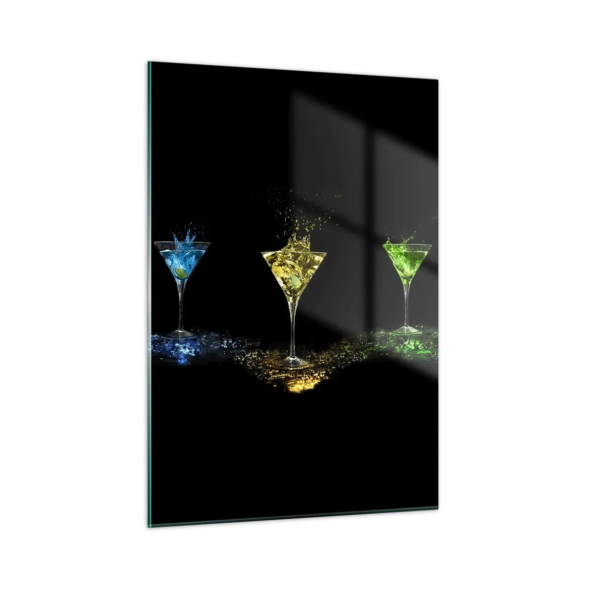 Cuadro sobre vidrio - Impresiones sobre Vidrio - Bebidas coloridas en vasos sobre un fondo negro - 50x70cm - Los colores de la alegría en una copa de cristal - Decoración de pared moderna para salón y dormitorio ARTTOR