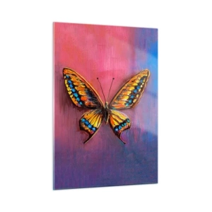 Cuadro sobre vidrio - Impresiones sobre Vidrio - Una mariposa colorida sobre un fondo en tonos rosa y morado. - 50x70cm - Una joya de la naturaleza - Decoración de pared moderna para salón y dormitorio ARTTOR