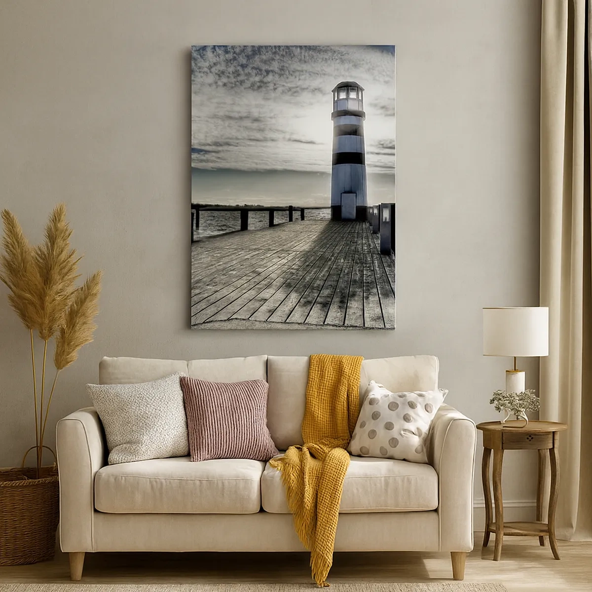 Cuadro sobre lienzo - Impresión de Imagen - Faro en un muelle de madera con vistas al mar. - 50x70cm - Marineros, aquí os espero - Decoración de pared moderna para salón y dormitorio ARTTOR
