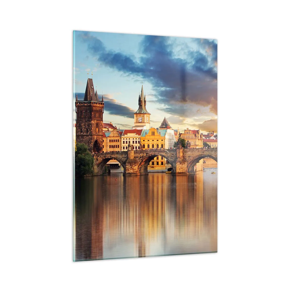 Cuadro sobre vidrio - Impresiones sobre Vidrio - Puente de Carlos al atardecer con pintorescos edificios al fondo - 50x70cm - La belleza no tiene edad - Decoración de pared moderna para salón y dormitorio ARTTOR