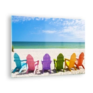 Cuadro sobre vidrio - Impresiones sobre Vidrio - Sillas de colores en una playa de arena con vistas al mar. - 70x50cm - Playa arco iris - Decoración de pared moderna para salón y dormitorio ARTTOR