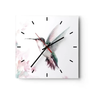Reloj de pared - Reloj de vidrio - Un colibrí en delicados colores pastel sobre un fondo de flores. - 30x30cm - Plasmando el aleteo - Decoración de pared moderna para salón y dormitorio ARTTOR