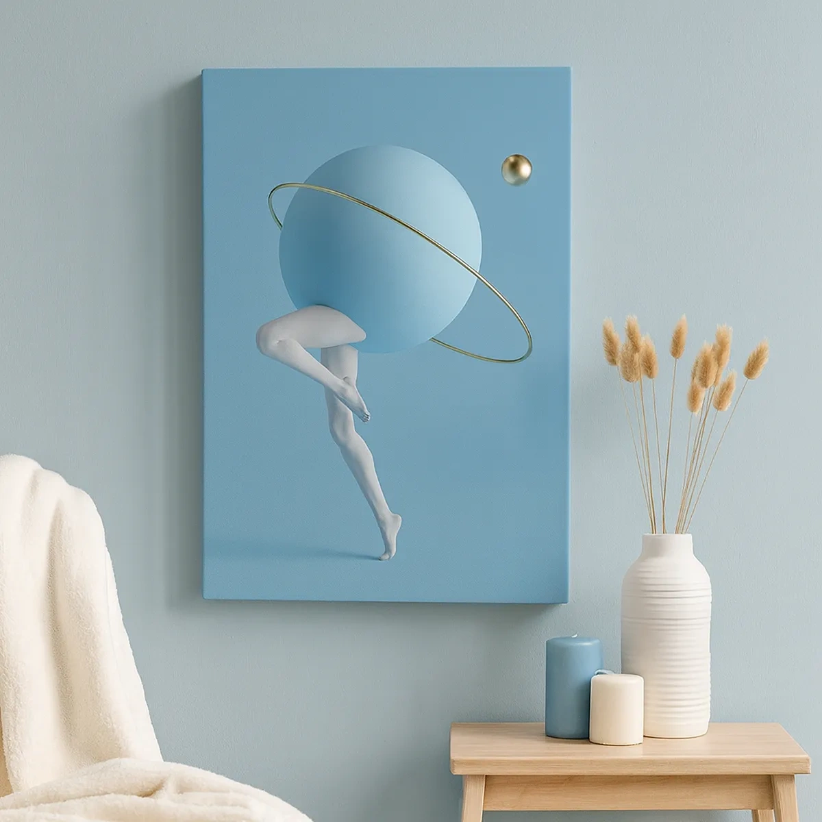 Cuadro sobre lienzo - Impresión de Imagen - Una esfera azul con una órbita y piernas humanas contra el cielo. - 50x70cm - Y los planetas se vuelven locos - Decoración de pared moderna para salón y dormitorio ARTTOR