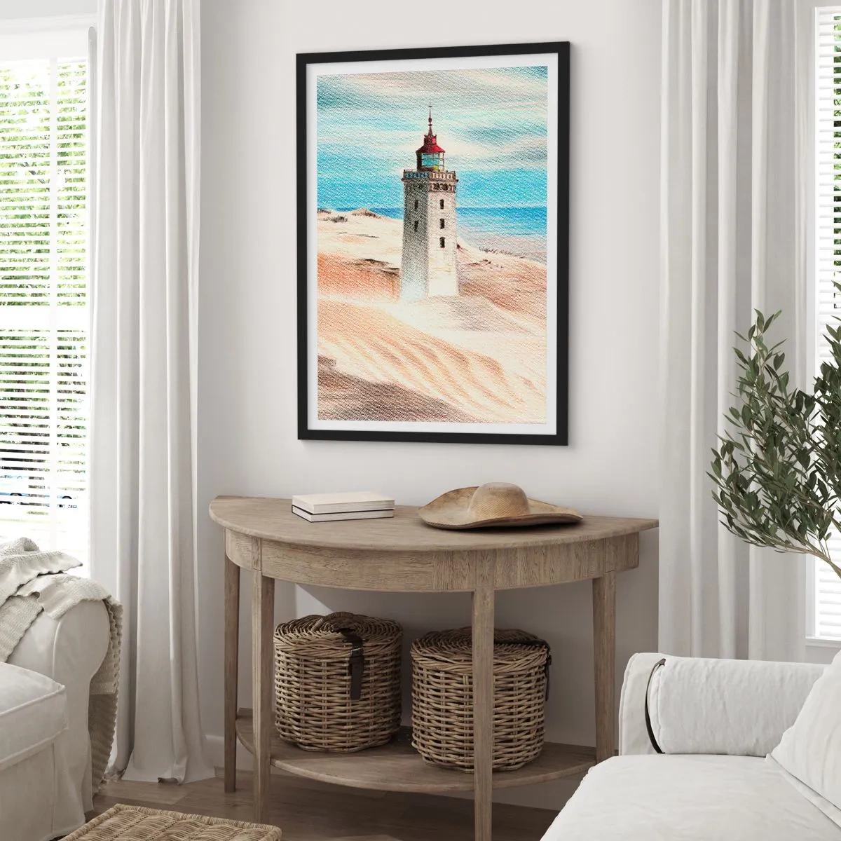 Póster en marco negro - Un faro con el telón de fondo de dunas de arena y un cielo azul. - 50x70cm - Siempre mirando al mar - Decoración de pared moderna para salón y dormitorio ARTTOR