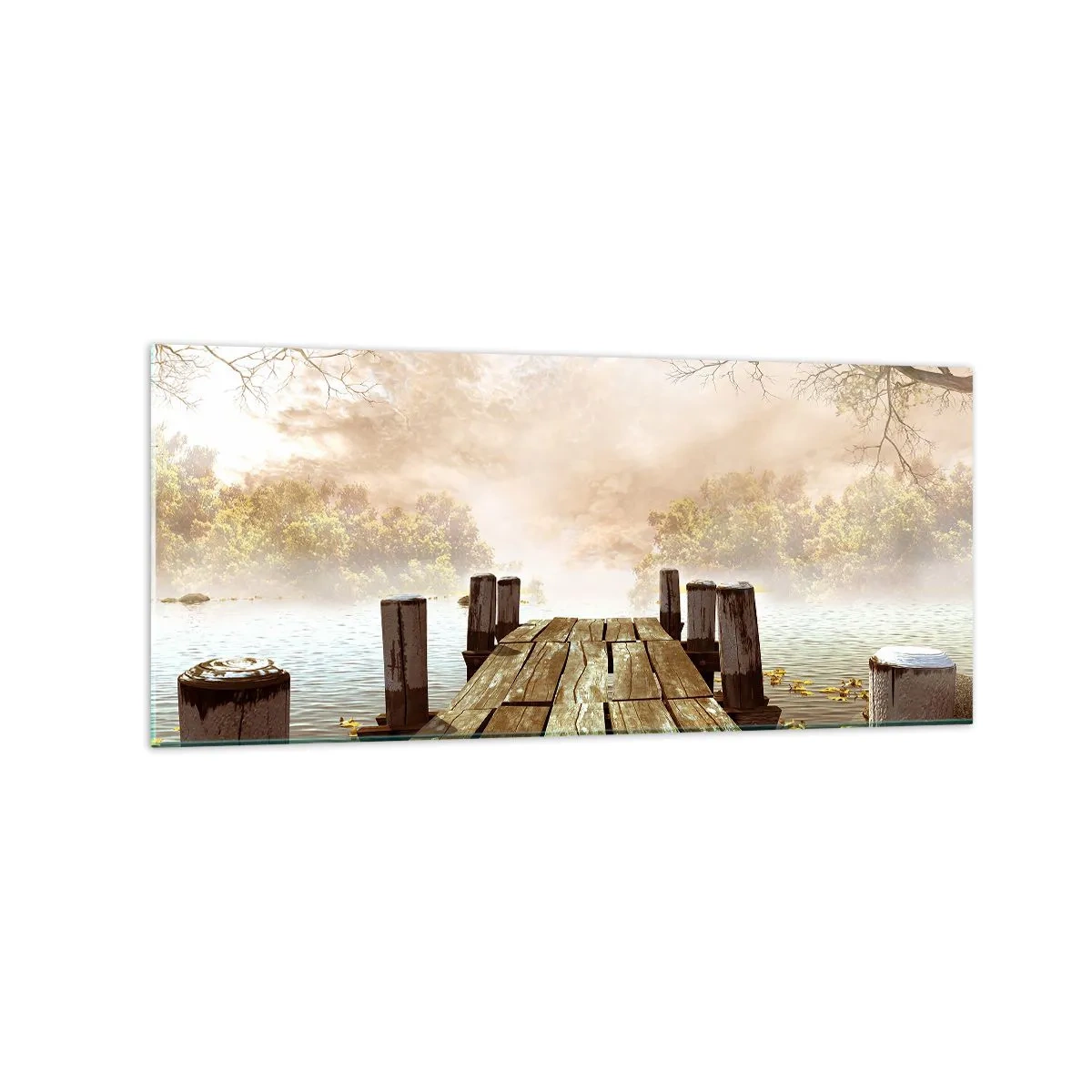 Cuadro sobre vidrio - Impresiones sobre Vidrio - Un muelle de madera que conduce a un lago tranquilo en la niebla de la mañana. - 120x50cm - La leve tristeza del otoño - Decoración de pared moderna para salón y dormitorio ARTTOR