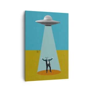 Cuadro sobre lienzo - Impresión de Imagen - Un hombre a la luz de un OVNI sobre el fondo de un paisaje colorido. - 70x100cm - Un encuentro cercano - Decoración de pared moderna para salón y dormitorio ARTTOR