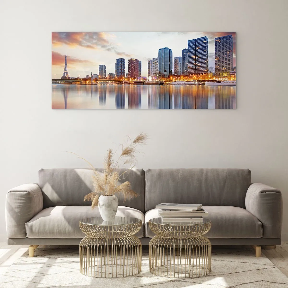 Cuadro sobre vidrio - Impresiones sobre Vidrio - Panorama de edificios modernos y la Torre Eiffel sobre el agua - 160x50cm - La calma monumental de París - Decoración de pared moderna para salón y dormitorio ARTTOR
