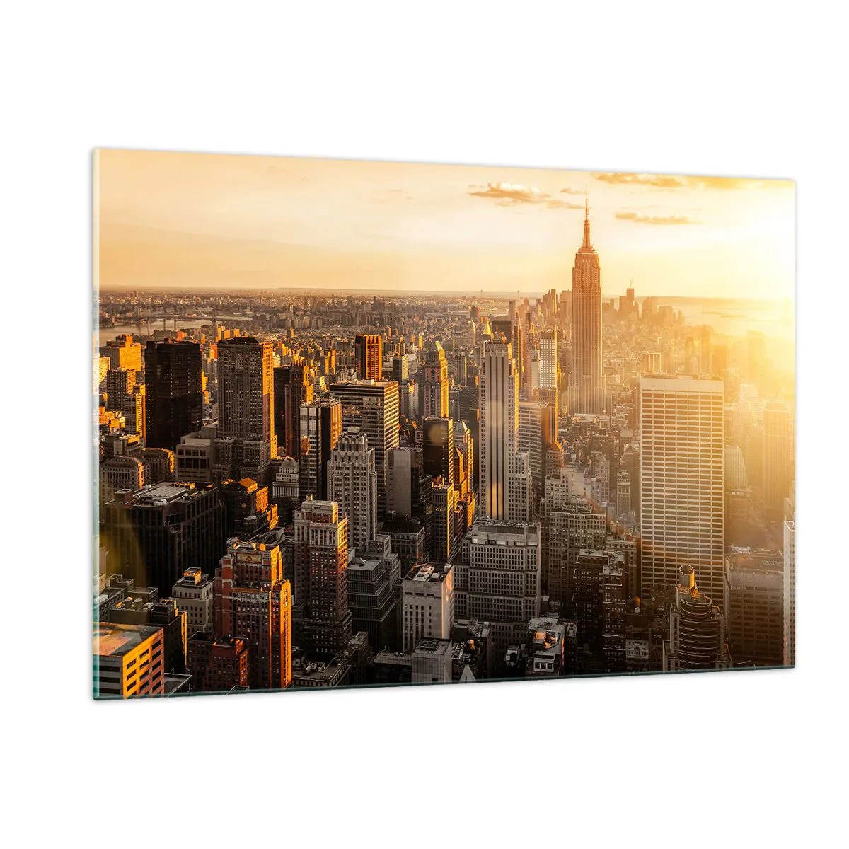Cuadro sobre vidrio - Impresiones sobre Vidrio - El horizonte de la ciudad de Nueva York al atardecer - 120x80cm - Creciendo al sol - Decoración de pared moderna para salón y dormitorio ARTTOR