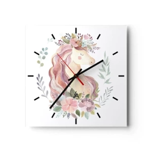 Reloj de pared - Reloj de vidrio - Un unicornio en colores pastel rodeado de flores. - 30x30cm - Una invitación al mundo de los cuentos de hadas - Decoración de pared moderna para salón y dormitorio ARTTOR
