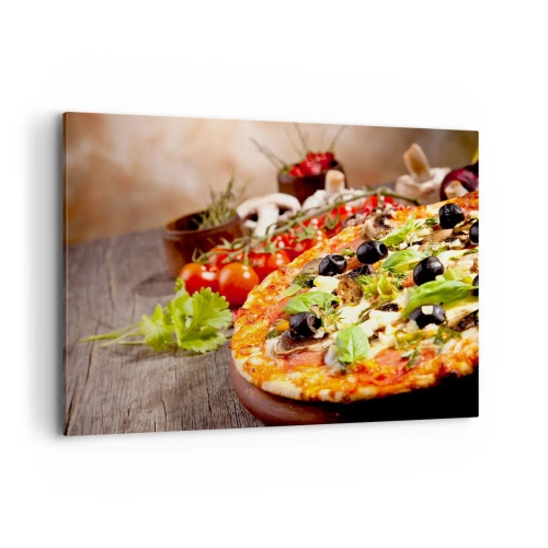 Cuadro sobre lienzo - Impresión de Imagen - Pizza con aceitunas, albahaca e ingredientes frescos sobre un fondo de madera. - 100x70cm - De ingredientes puros - Decoración de pared moderna para salón y dormitorio ARTTOR