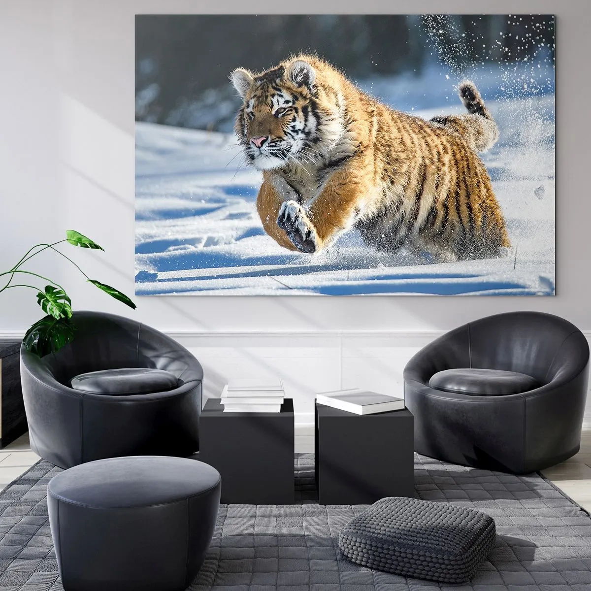 Cuadro sobre vidrio - Impresiones sobre Vidrio - Un tigre siberiano corre por la nieve en un paisaje invernal. - 100x70cm - Dios de la taiga siberiana - Decoración de pared moderna para salón y dormitorio ARTTOR