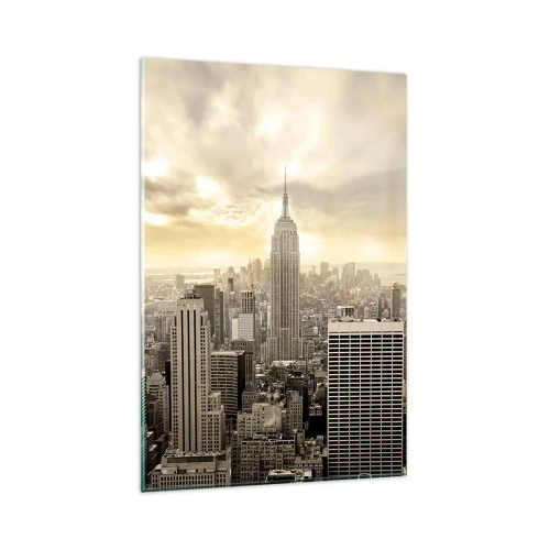 Cuadro sobre vidrio - Impresiones sobre Vidrio - Panorama de la ciudad con vista al Empire State Building - 80x120cm - Tejido neoyorquino en tonos grises - Decoración de pared moderna para salón y dormitorio ARTTOR