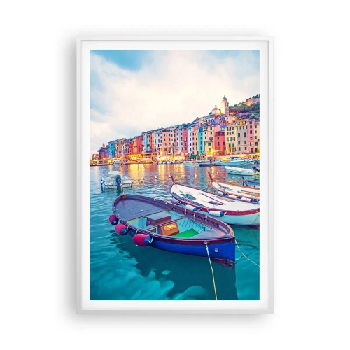 Póster en marco blanco - Una noche colorida en el puerto - 70x100 cm