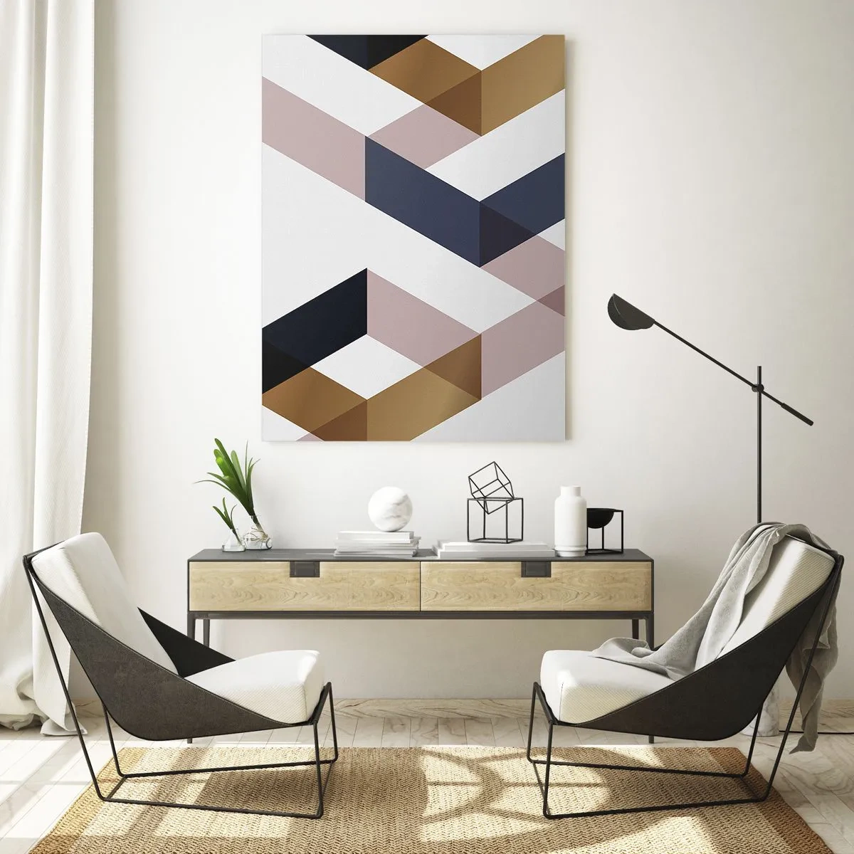 Cuadro sobre vidrio - Impresiones sobre Vidrio - Patrón geométrico en tonos dorados y beige. - 50x70cm - Rectas y ángulos - Decoración de pared moderna para salón y dormitorio ARTTOR