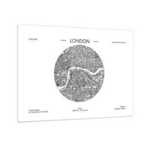 Cuadro sobre vidrio - Impresiones sobre Vidrio - Un mapa detallado de Londres en un estilo gráfico en blanco y negro. - 70x50cm - Anatomía de Londres - Decoración de pared moderna para salón y dormitorio ARTTOR