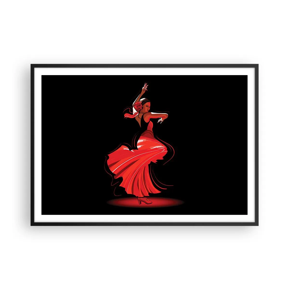 Póster en marco negro - Bailaora de flamenco con vestido rojo sobre fondo negro - 100x70cm - El espíritu ardiente del flamenco - Decoración de pared moderna para salón y dormitorio ARTTOR