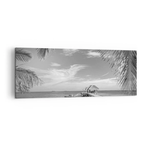 Cuadro sobre lienzo - Impresión de Imagen - Playa blanca y negra con muelle y palmeras en una costa tropical - 140x50cm - ¿Un recuerdo o un sueño? - Decoración de pared moderna para salón y dormitorio ARTTOR