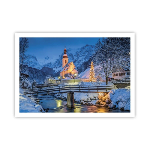 Póster - Paisaje invernal con una iglesia, un puente y montañas al atardecer - 100x70cm - El espíritu de la Navidad - Decoración de pared moderna para salón y dormitorio ARTTOR