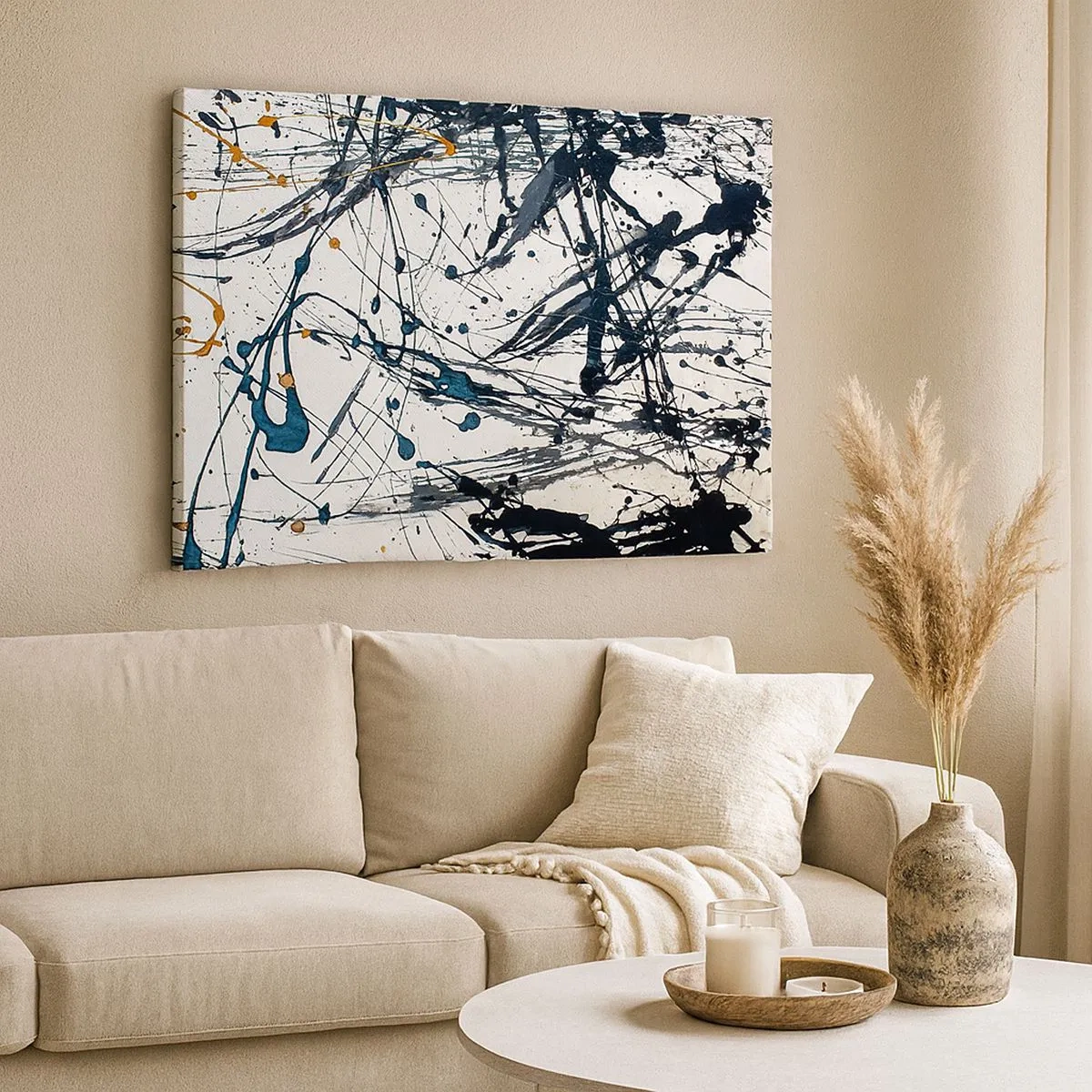 Cuadro sobre lienzo - Impresión de Imagen - Una pintura abstracta con salpicaduras de pintura en patrones dinámicos. - 70x50cm - Abstracción expresionista - Decoración de pared moderna para salón y dormitorio ARTTOR