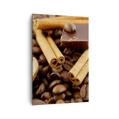 Cuadro sobre lienzo - Impresión de Imagen - Granos de café con ramas de canela, chocolate y nueces. - 70x100cm - Concierto de aromas - Decoración de pared moderna para salón y dormitorio ARTTOR