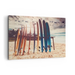 Cuadro sobre lienzo - Impresión de Imagen - Tablas de surf en la playa al atardecer - 120x80cm - Buenas noches, hasta mañana - Decoración de pared moderna para salón y dormitorio ARTTOR