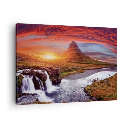 Cuadro sobre lienzo - Impresión de Imagen - Paisaje de montaña con cascada al atardecer. - 70x50cm - Una vista de la Tierra Media - Decoración de pared moderna para salón y dormitorio ARTTOR