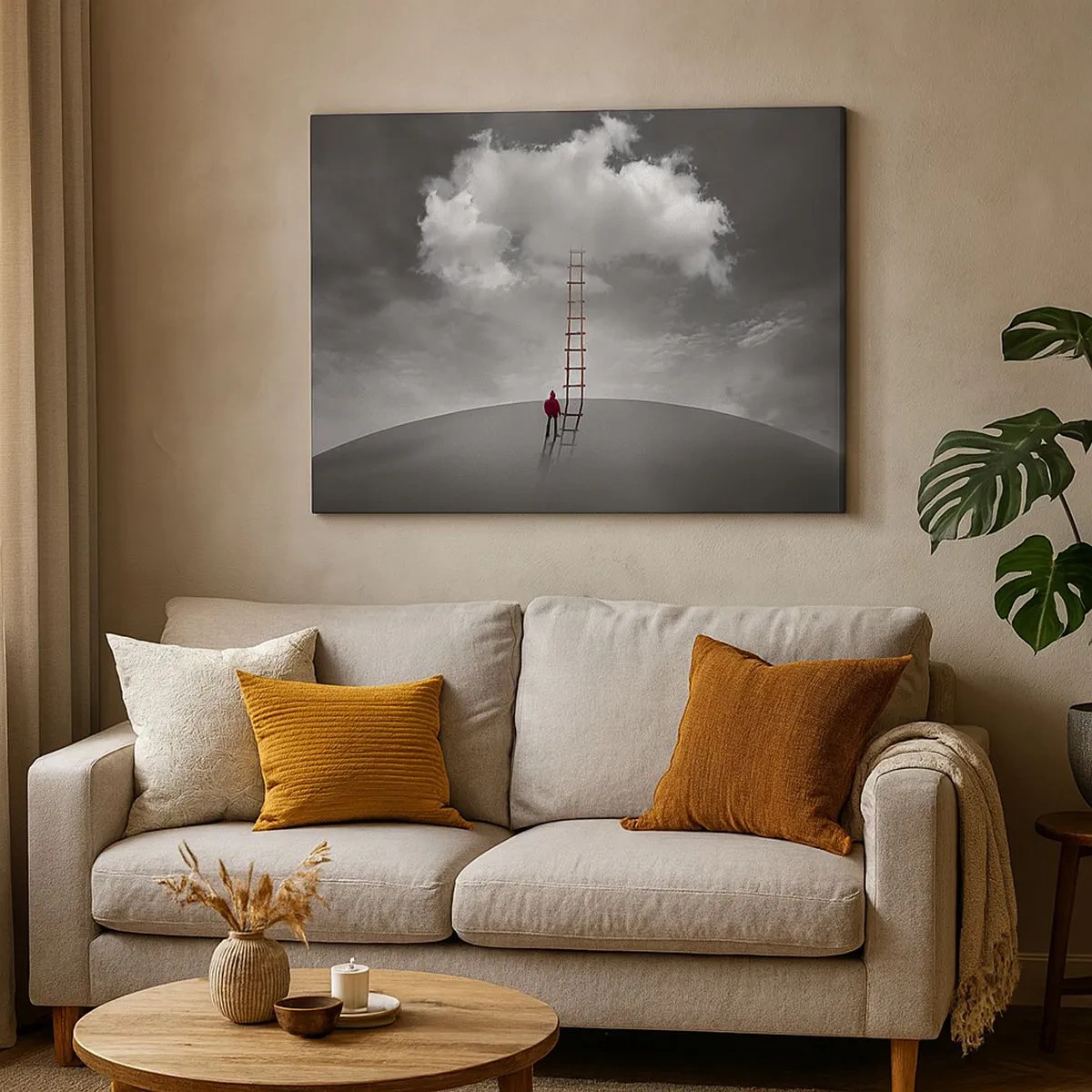 Cuadro sobre lienzo - Impresión de Imagen - Una persona con un abrigo rojo y una escalera que conduce a una nube. - 70x50cm - Todo es posible - Decoración de pared moderna para salón y dormitorio ARTTOR