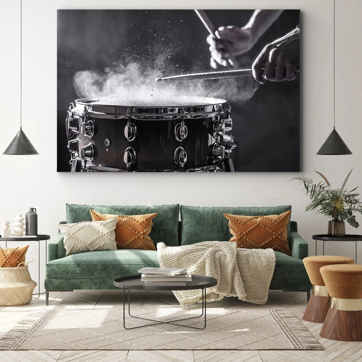 Cuadro sobre lienzo - Impresión de Imagen - Golpear el tambor con baquetas con efecto de polvo - 70x50cm - El pulso de la música - Decoración de pared moderna para salón y dormitorio ARTTOR