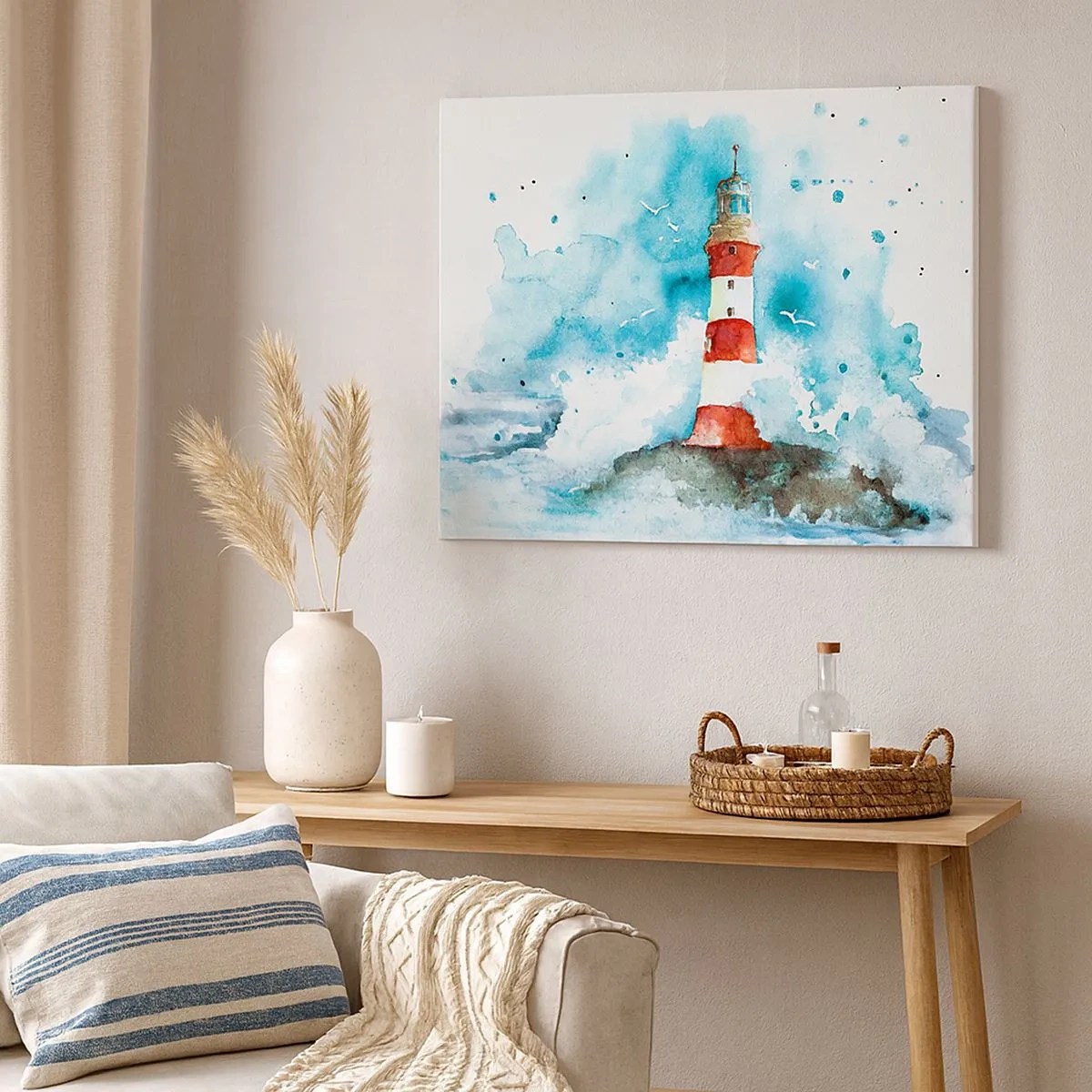 Cuadro sobre lienzo - Impresión de Imagen - Un faro en un entorno de acuarela con un fondo azul. - 70x50cm - La unidad de los elementos - Decoración de pared moderna para salón y dormitorio ARTTOR