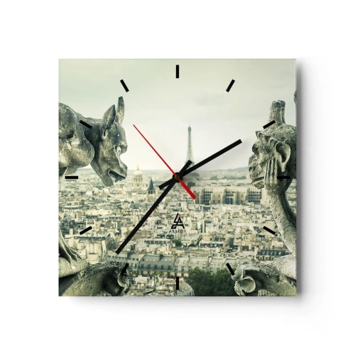 Reloj de pared - Reloj de vidrio - Gárgolas con vistas al horizonte de París y a la Torre Eiffel - 30x30cm - Charlas parisinas - Decoración de pared moderna para salón y dormitorio ARTTOR