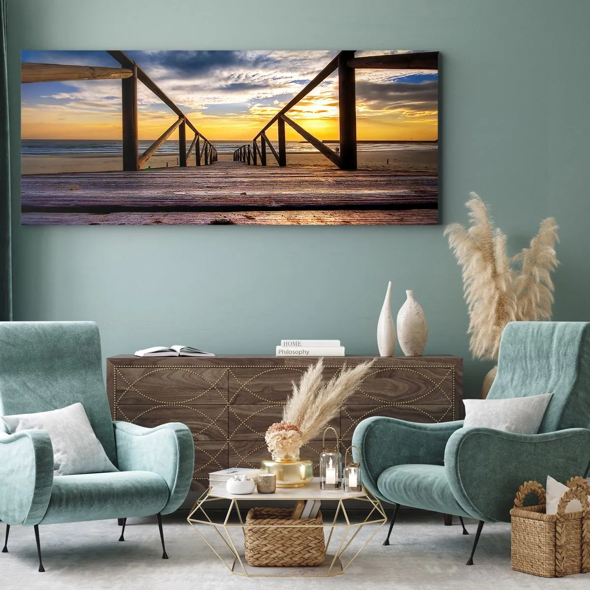 Cuadro sobre lienzo - Impresión de Imagen - Muelle de madera que conduce a la playa al atardecer - 160x50cm - Directamente hacia una playa tranquila al atardecer - Decoración de pared moderna para salón y dormitorio ARTTOR