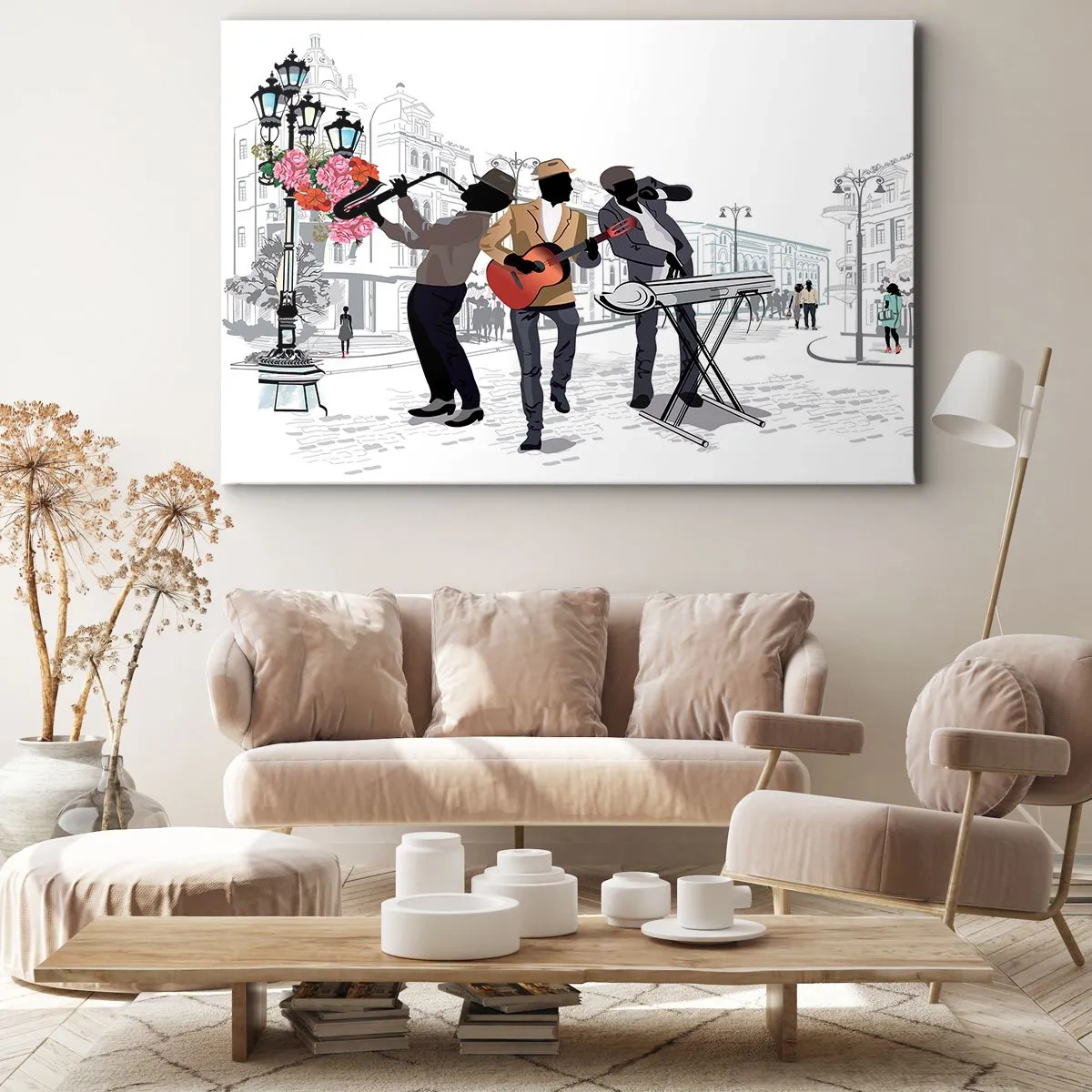 Cuadro sobre lienzo - Impresión de Imagen - Músicos callejeros tocando con el paisaje urbano como telón de fondo - 120x80cm - Música de la calle - Decoración de pared moderna para salón y dormitorio ARTTOR