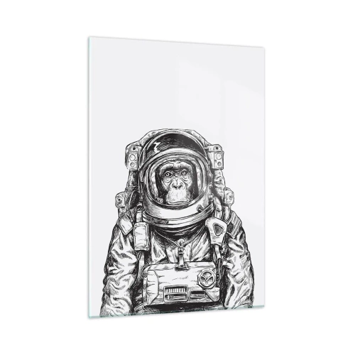 Cuadro sobre vidrio - Impresiones sobre Vidrio - Boceto de un mono con traje de astronauta sobre un fondo blanco. - 50x70cm - Evolución alternativa - Decoración de pared moderna para salón y dormitorio ARTTOR