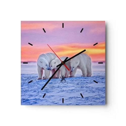 Reloj de pared - Reloj de vidrio - Tres osos polares con el telón de fondo de una puesta de sol ártica. - 30x30cm - Todo lo que necesitas es el calor de la familia - Decoración de pared moderna para salón y dormitorio ARTTOR