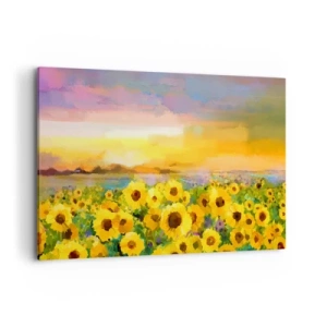 Cuadro sobre lienzo - Impresión de Imagen - Un campo de girasoles a la luz del sol poniente. - 100x70cm - El propio sol ha bajado a la Tierra - Decoración de pared moderna para salón y dormitorio ARTTOR