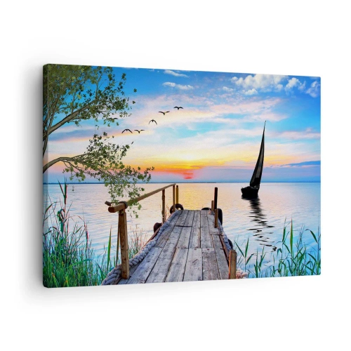 Cuadro sobre lienzo - Impresión de Imagen - Muelle del lago con barco y puesta de sol - 70x50cm - Que llegue la noche - Decoración de pared moderna para salón y dormitorio ARTTOR