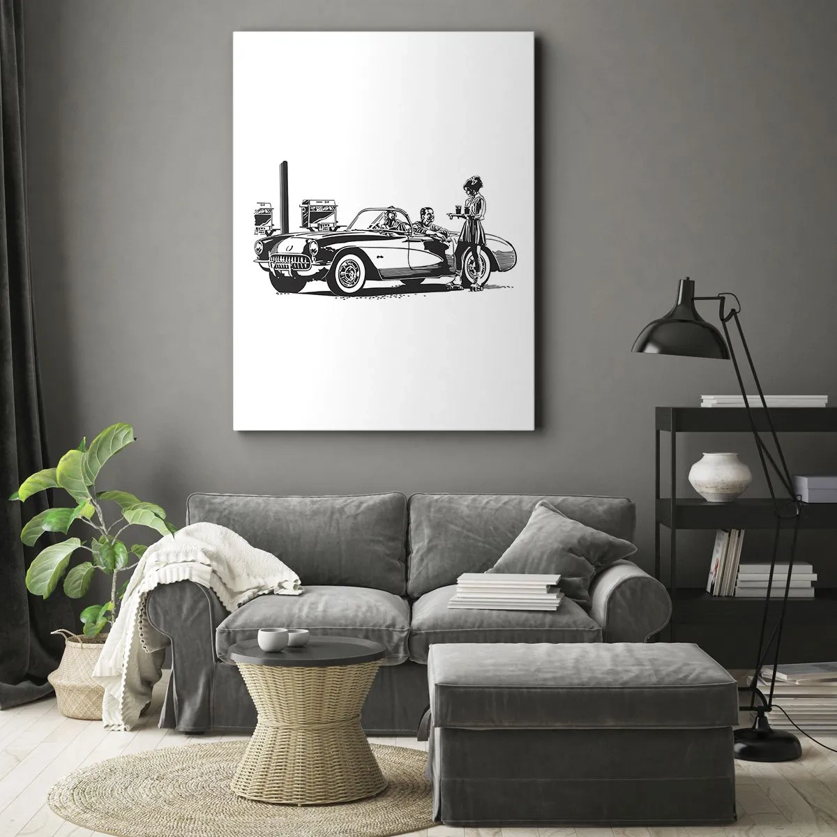 Cuadro sobre lienzo - Impresión de Imagen - Una escena retro en blanco y negro con un coche y una camarera en patines. - 50x70cm - Años 60 - la América despreocupada - Decoración de pared moderna para salón y dormitorio ARTTOR