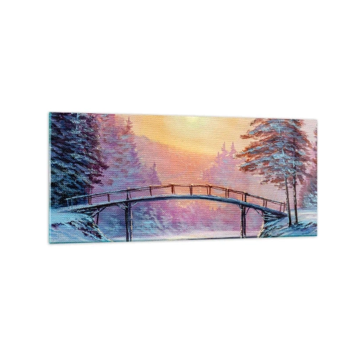 Cuadro sobre vidrio - Impresiones sobre Vidrio - Paisaje invernal con un puente iluminado por el atardecer. - 120x50cm - Las cuatro estaciones: el invierno - Decoración de pared moderna para salón y dormitorio ARTTOR