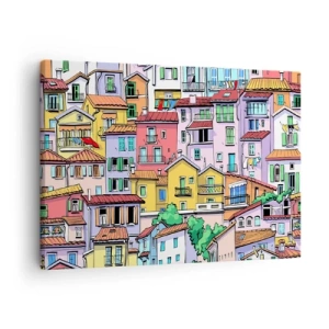 Cuadro sobre lienzo - Impresión de Imagen - Casas de vecindad coloridas en un estilo animado y alegre - 70x50cm - Ciudad alegre - Decoración de pared moderna para salón y dormitorio ARTTOR