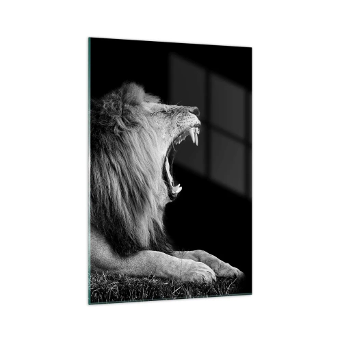 Cuadro sobre vidrio - Impresiones sobre Vidrio - Un león rugiente sobre un fondo negro en tonos blanco y negro. - 70x100cm - Sin duda alguna - Decoración de pared moderna para salón y dormitorio ARTTOR
