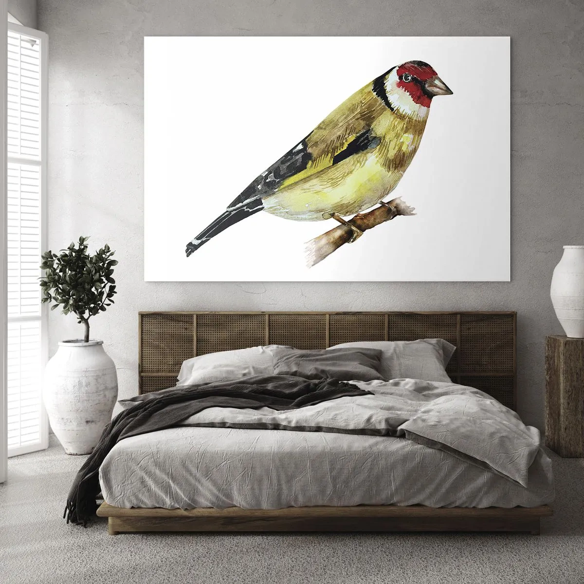 Cuadro sobre vidrio - Impresiones sobre Vidrio - Pájaro de acuarela en una rama en colores delicados. - 120x80cm - Retrato de pájaro - Decoración de pared moderna para salón y dormitorio ARTTOR